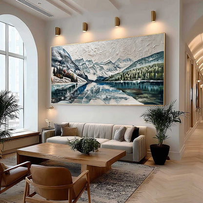 Glacial Serenity hand-painted white, soft grey and slate blue textured mountain lake painting shown with wood frame