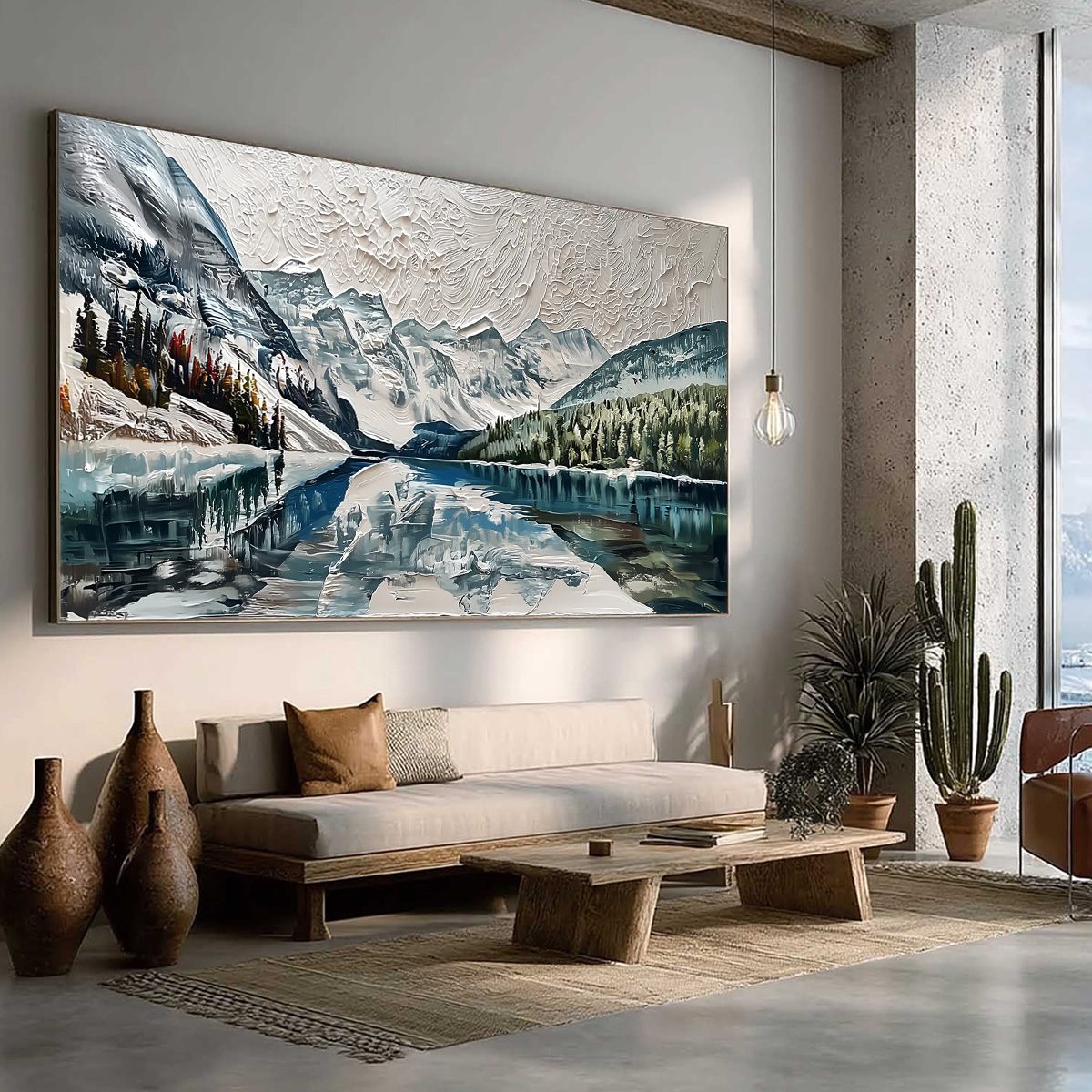 Glacial Serenity hand-painted white, soft grey and slate blue textured mountain lake painting rolled canvas option