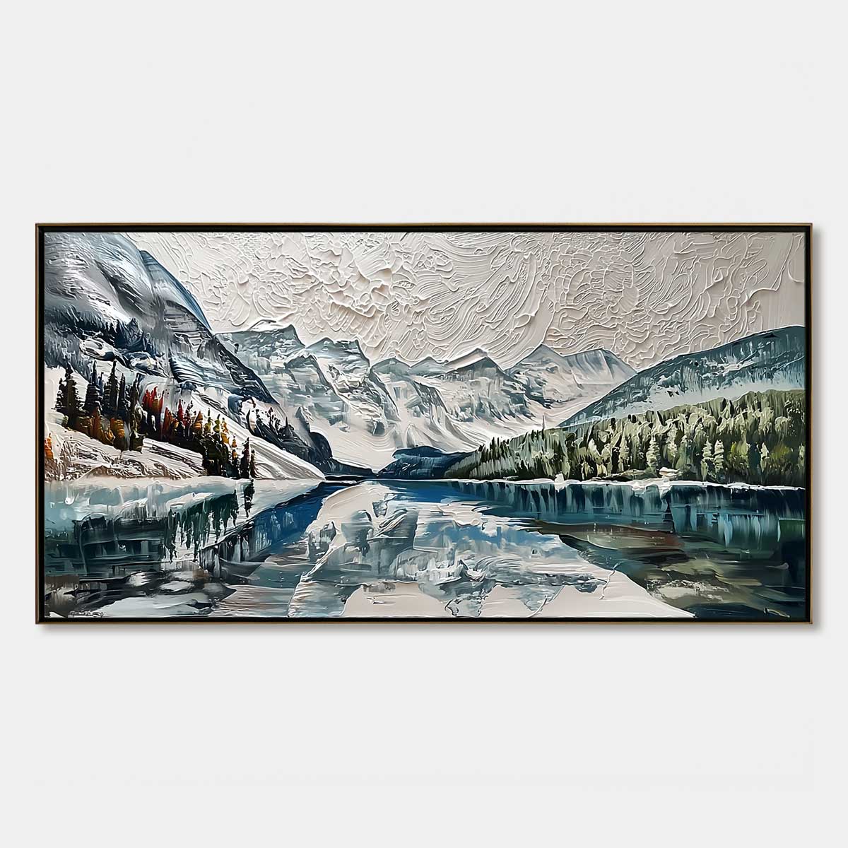 Glacial Serenity hand-painted white, soft grey and slate blue textured mountain lake painting rolled canvas option