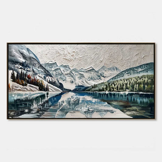 Glacial Serenity hand-painted white, soft grey and slate blue textured mountain lake painting rolled canvas option