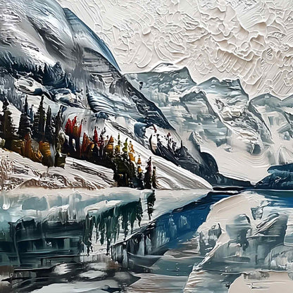 Glacial Serenity hand-painted white, soft grey and slate blue textured mountain lake painting shown with gold frame