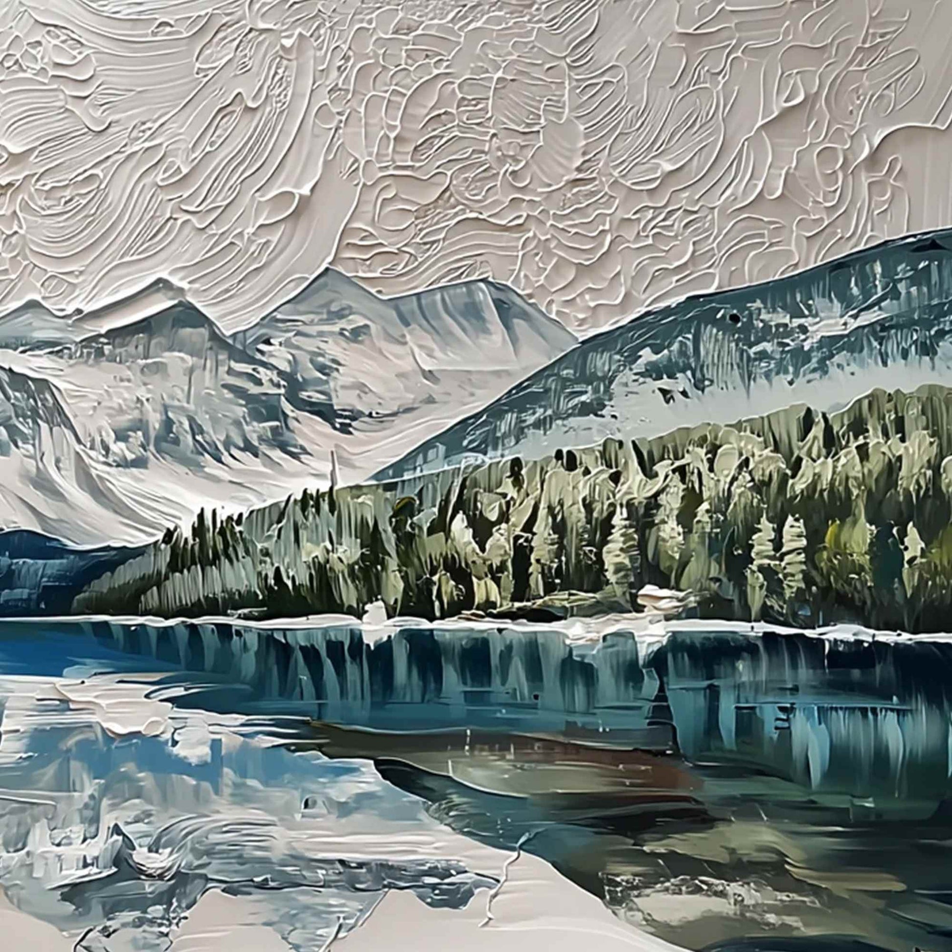 Glacial Serenity hand-painted white, soft grey and slate blue textured mountain lake painting shown with white frame