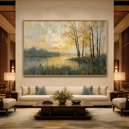 Golden Birch Lake hand-painted gold and ivory textured forest landscape painting