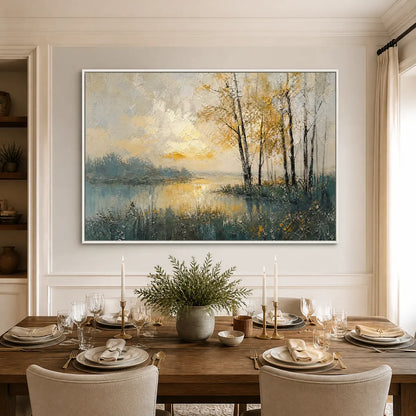 Golden Birch Lake hand-painted gold and ivory textured forest landscape painting