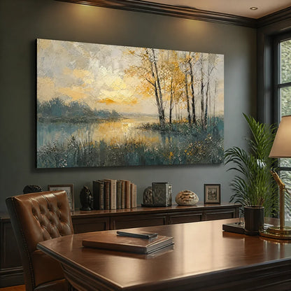 Golden Birch Lake hand-painted gold and ivory textured forest landscape painting