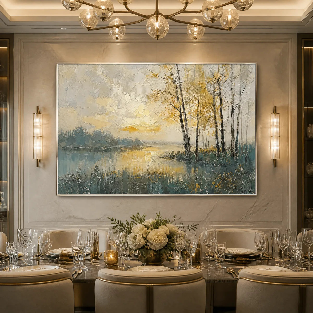 Golden Birch Lake hand-painted gold and ivory textured forest landscape painting