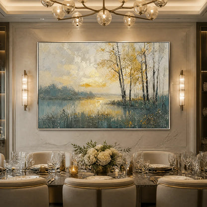 Golden Birch Lake hand-painted gold and ivory textured forest landscape painting