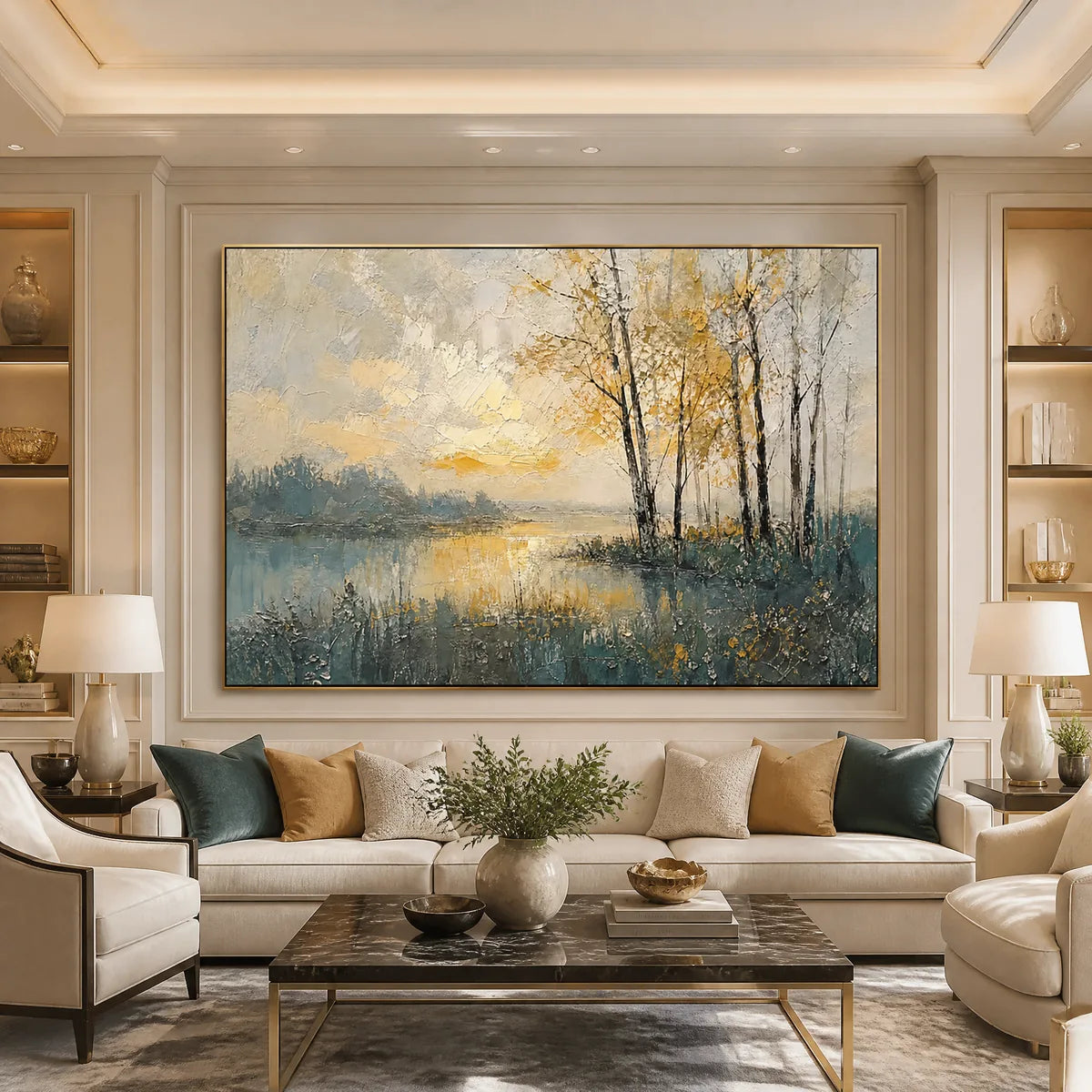 Golden Birch Lake hand-painted gold and ivory textured forest landscape painting