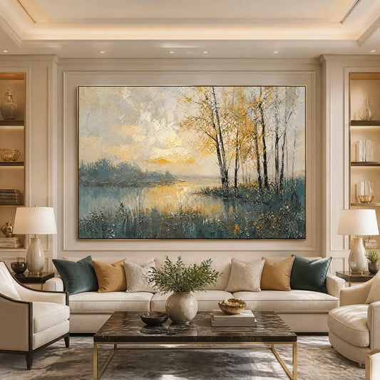 Golden Birch Lake hand-painted gold and ivory textured forest landscape painting