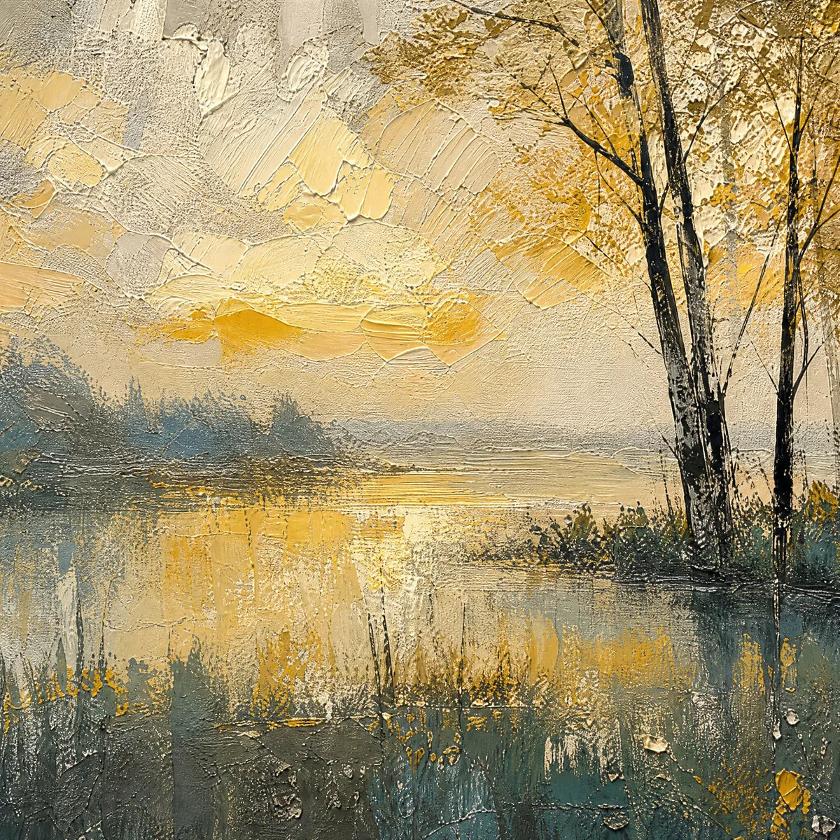 Golden Birch Lake hand-painted gold and ivory textured forest landscape painting