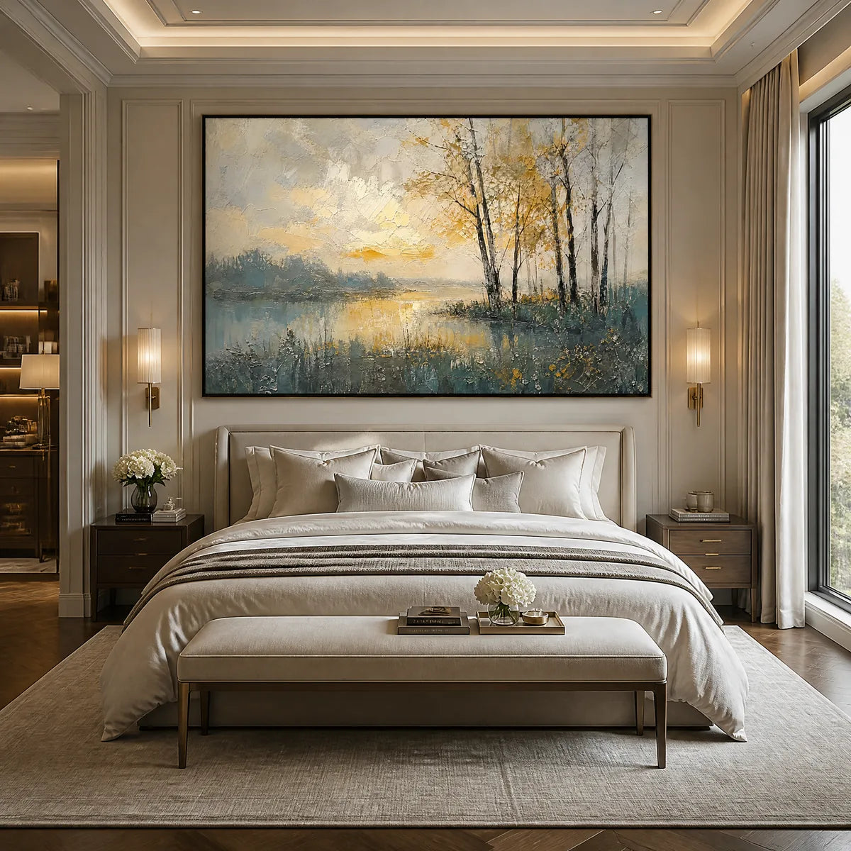 Golden Birch Lake hand-painted gold and ivory textured forest landscape painting