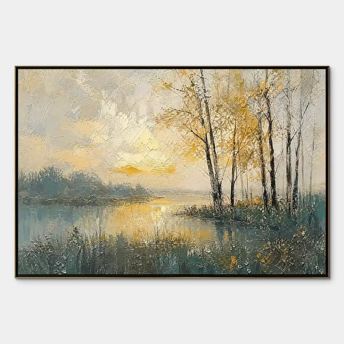 Golden Birch Lake hand-painted gold and ivory textured forest landscape painting