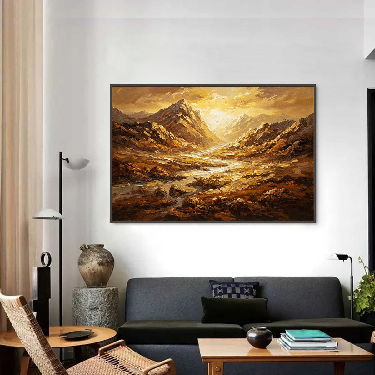 Golden Canyon hand-painted gold and ivory textured desert mountain landscape painting shown as stretched canvas