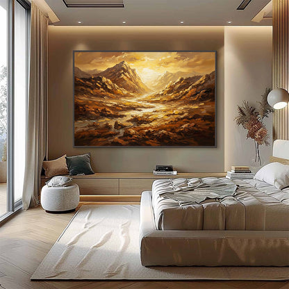 Golden Canyon hand-painted gold and ivory textured desert mountain landscape painting shown with silver frame
