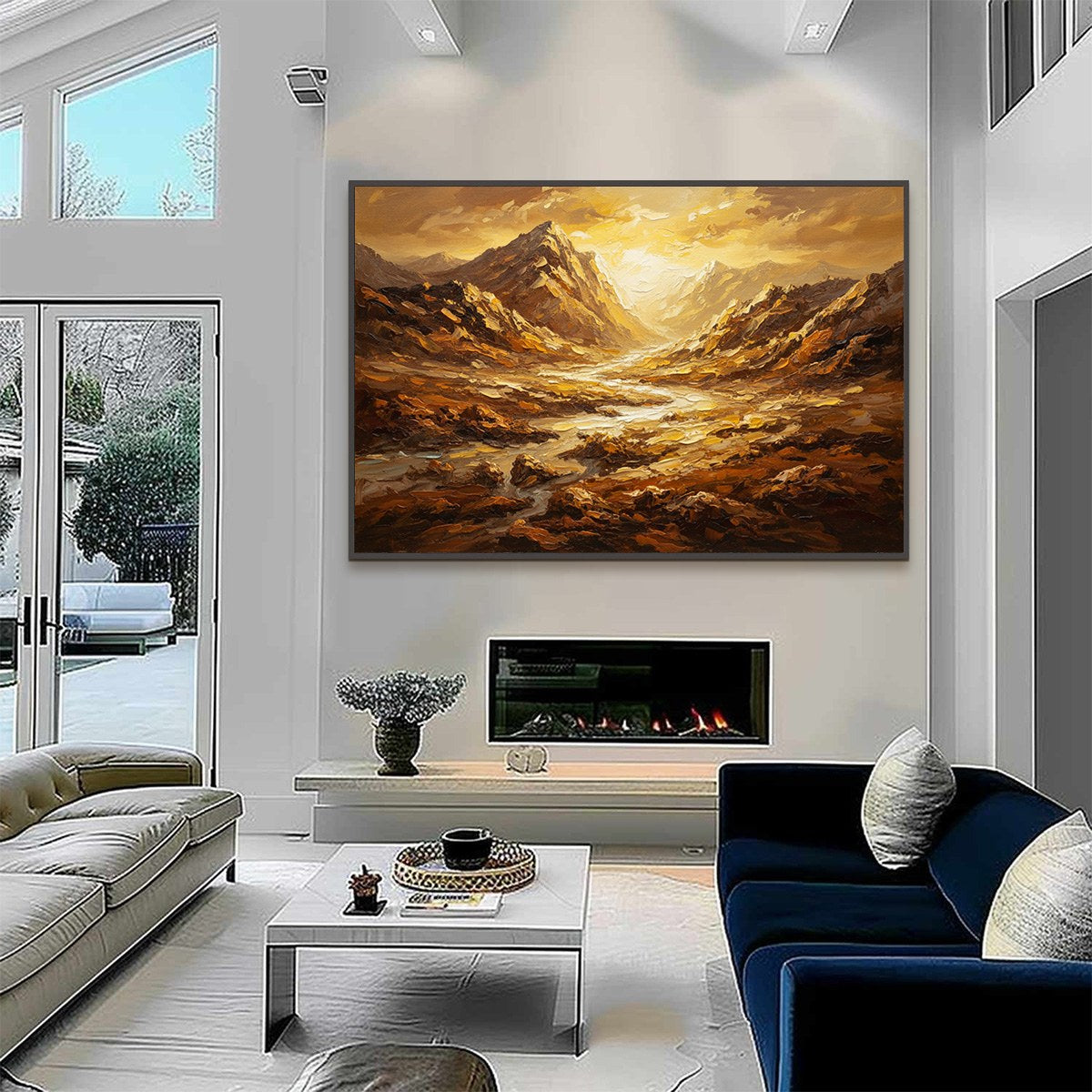 Golden Canyon hand-painted gold and ivory textured desert mountain landscape painting shown with black frame