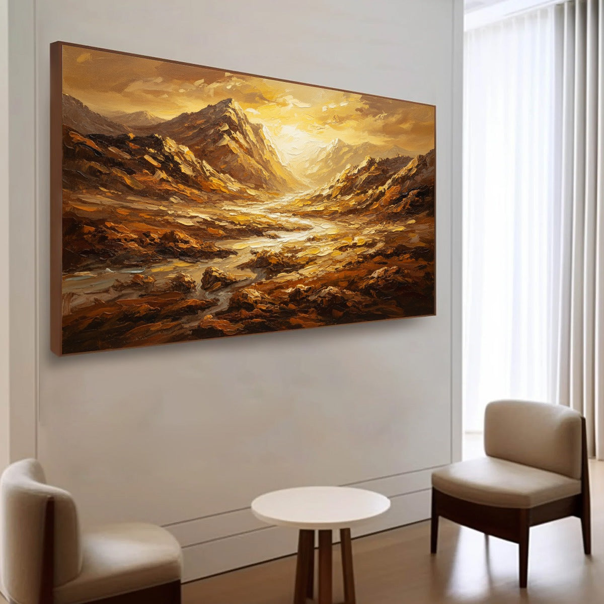 Golden Canyon hand-painted gold and ivory textured desert mountain landscape painting shown with wood frame