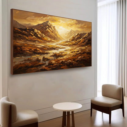 Golden Canyon hand-painted gold and ivory textured desert mountain landscape painting shown with wood frame