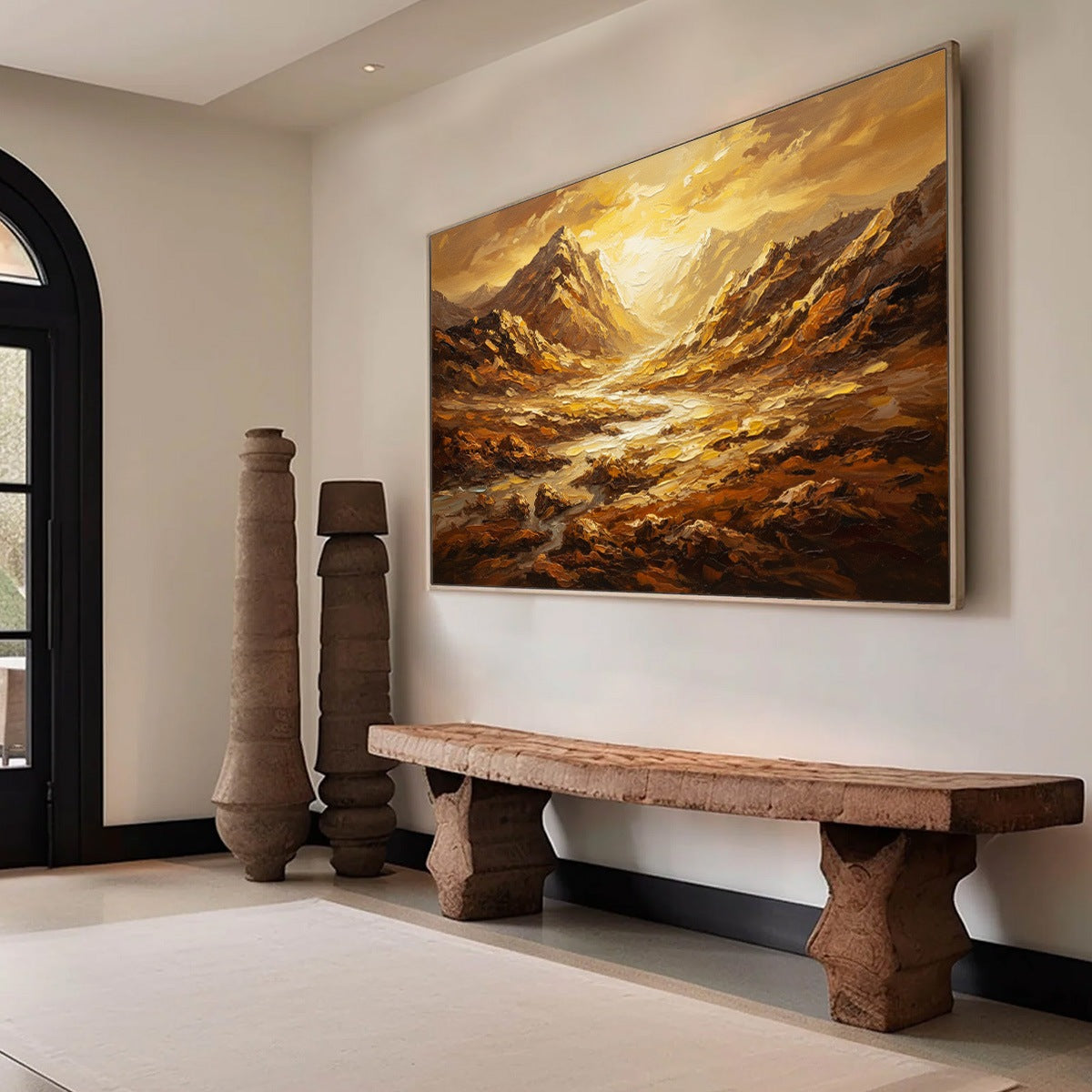 Golden Canyon hand-painted gold and ivory textured desert mountain landscape painting rolled canvas option