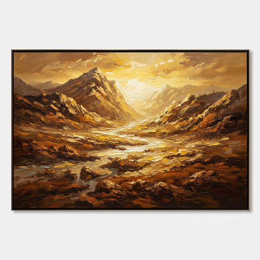 Golden Canyon hand-painted gold and ivory textured desert mountain landscape painting rolled canvas option