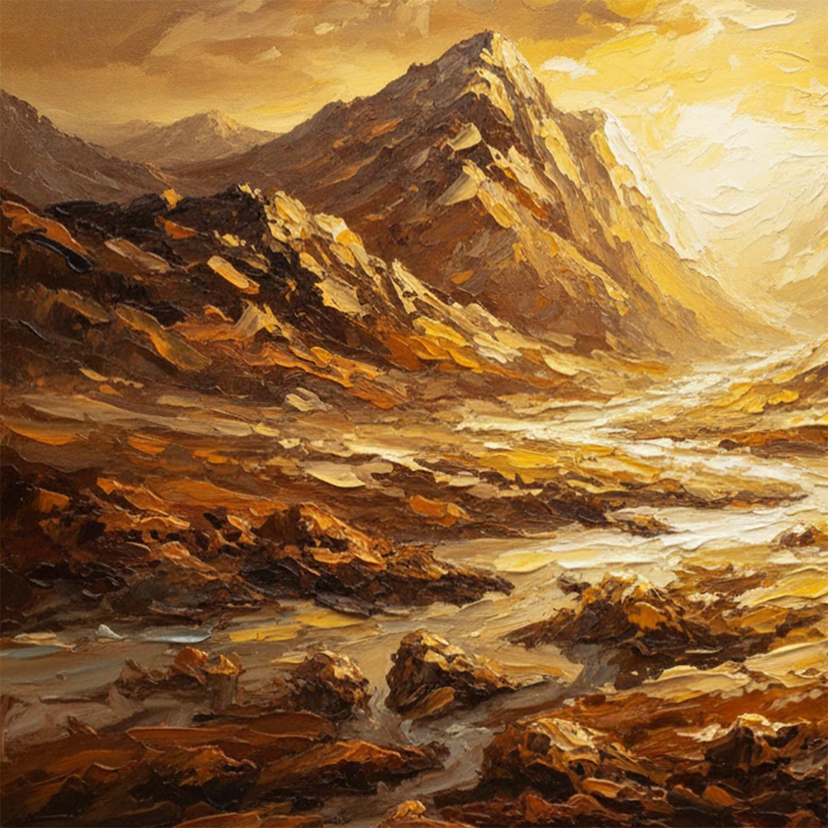Golden Canyon hand-painted gold and ivory textured desert mountain landscape painting shown with gold frame
