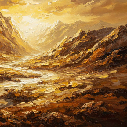 Golden Canyon hand-painted gold and ivory textured desert mountain landscape painting shown with white frame