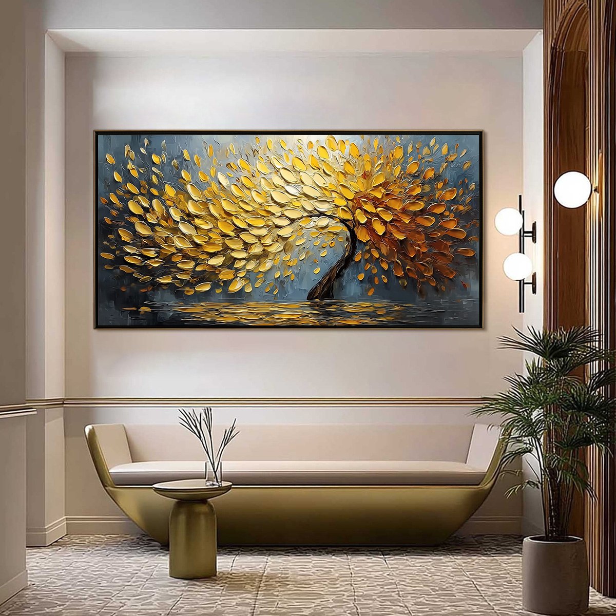 Golden Cascade hand-painted gold and ivory textured tree painting shown as stretched canvas