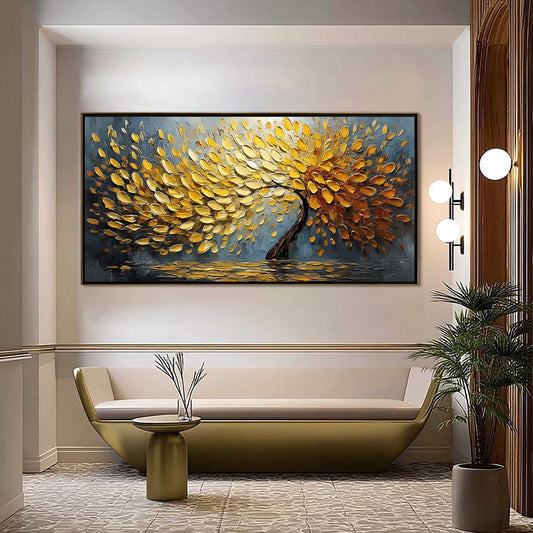 Golden Cascade hand-painted gold and ivory textured tree painting shown as stretched canvas