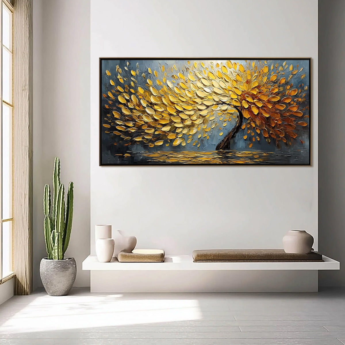 Golden Cascade hand-painted gold and ivory textured tree painting shown with silver frame