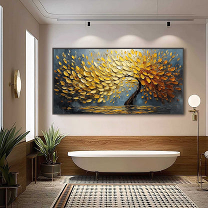 Golden Cascade hand-painted gold and ivory textured tree painting shown with black frame