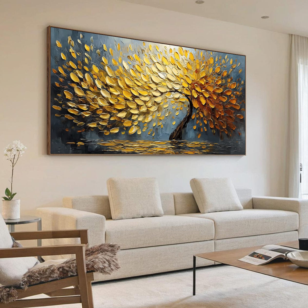 Golden Cascade hand-painted gold and ivory textured tree painting shown with wood frame