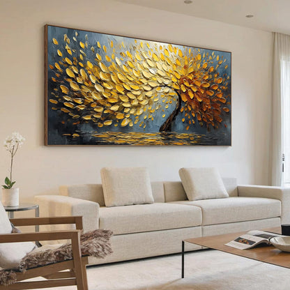 Golden Cascade hand-painted gold and ivory textured tree painting shown with wood frame