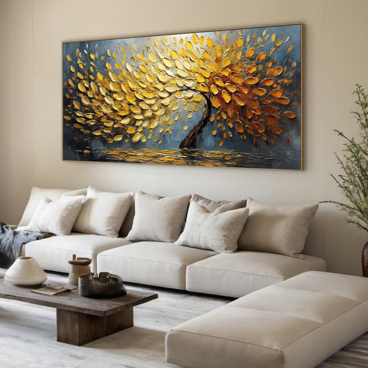 Golden Cascade hand-painted gold and ivory textured tree painting rolled canvas option