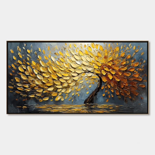 Golden Cascade hand-painted gold and ivory textured tree painting rolled canvas option