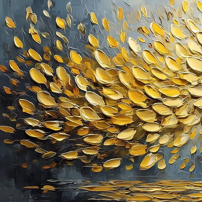 Golden Cascade hand-painted gold and ivory textured tree painting shown with gold frame