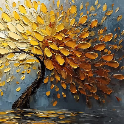 Golden Cascade hand-painted gold and ivory textured tree painting shown with white frame