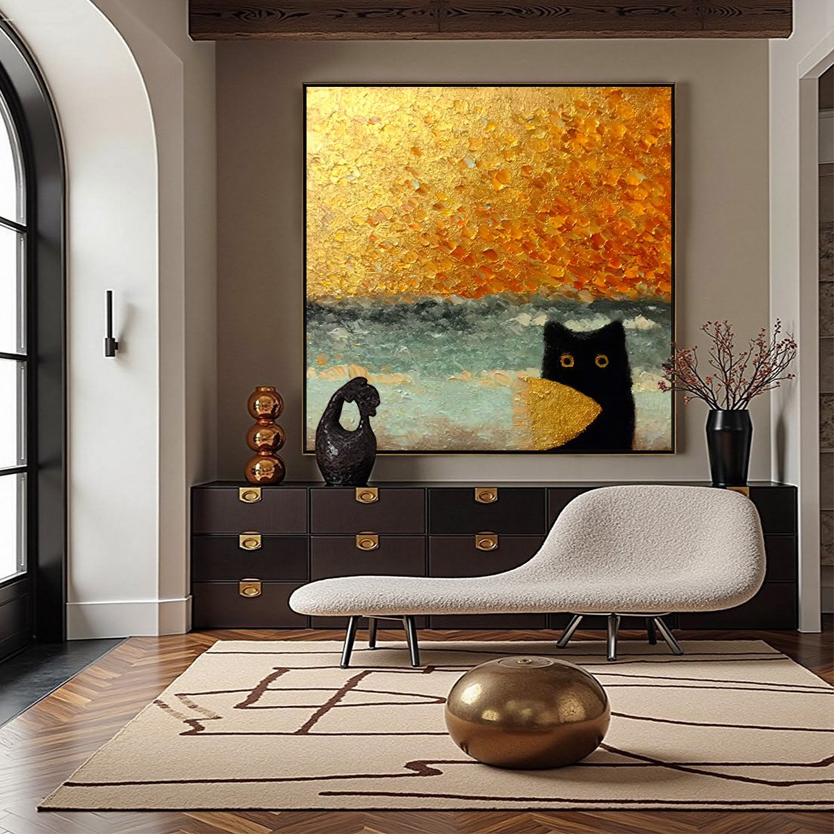Golden Catch – Wabi-Sabi Cat Impasto Oil Painting, view 2
