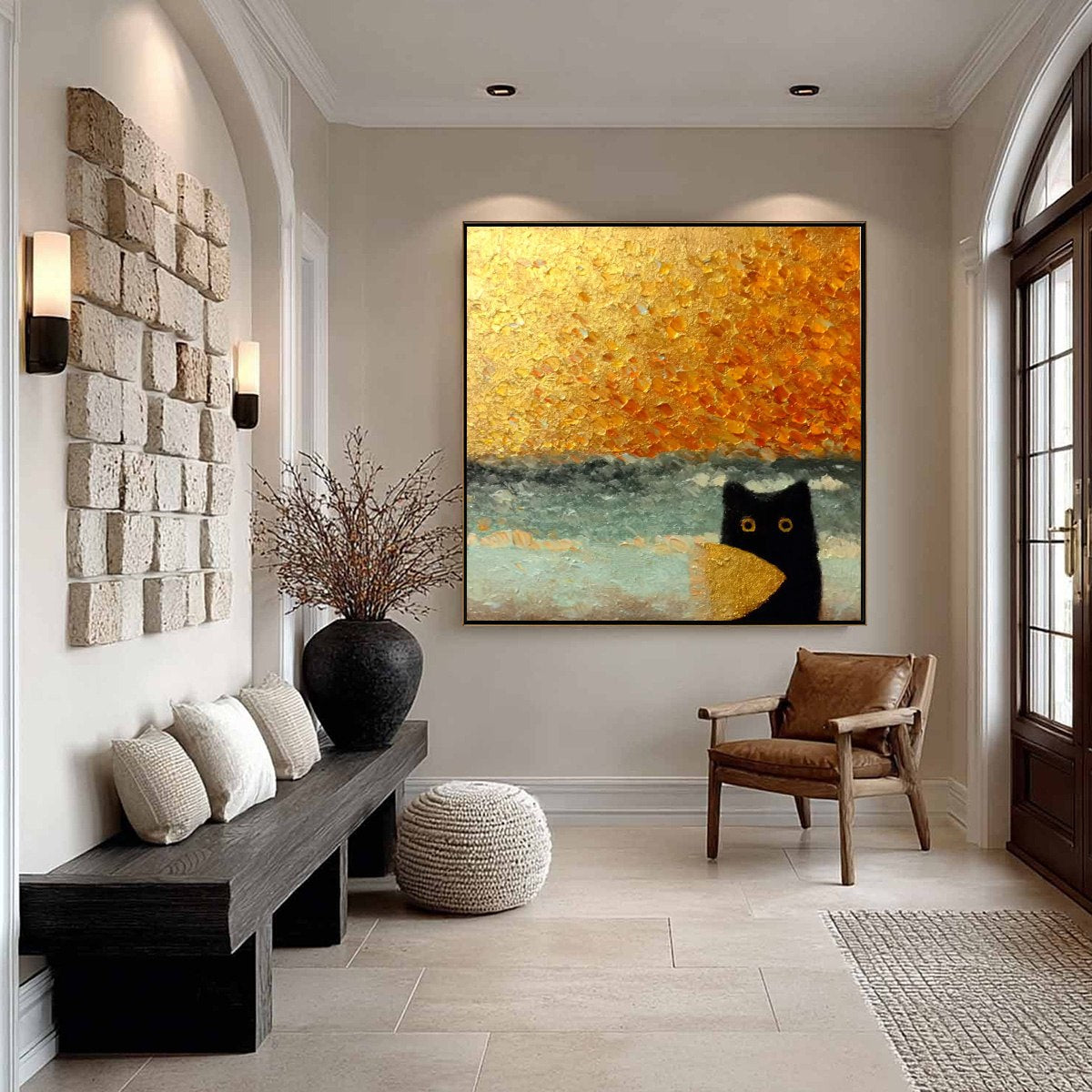 Gold Wabi-Sabi Cat Impasto Oil Painting – Golden Catch