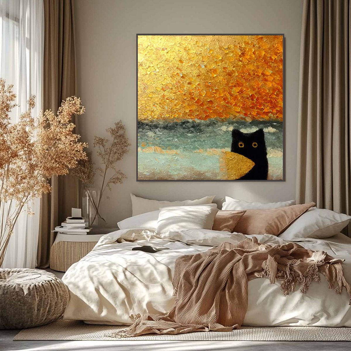 Gold Wabi-Sabi Cat Impasto Oil Painting – Golden Catch