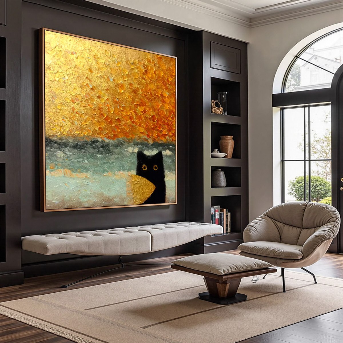 Gold Wabi-Sabi Cat Impasto Oil Painting – Golden Catch