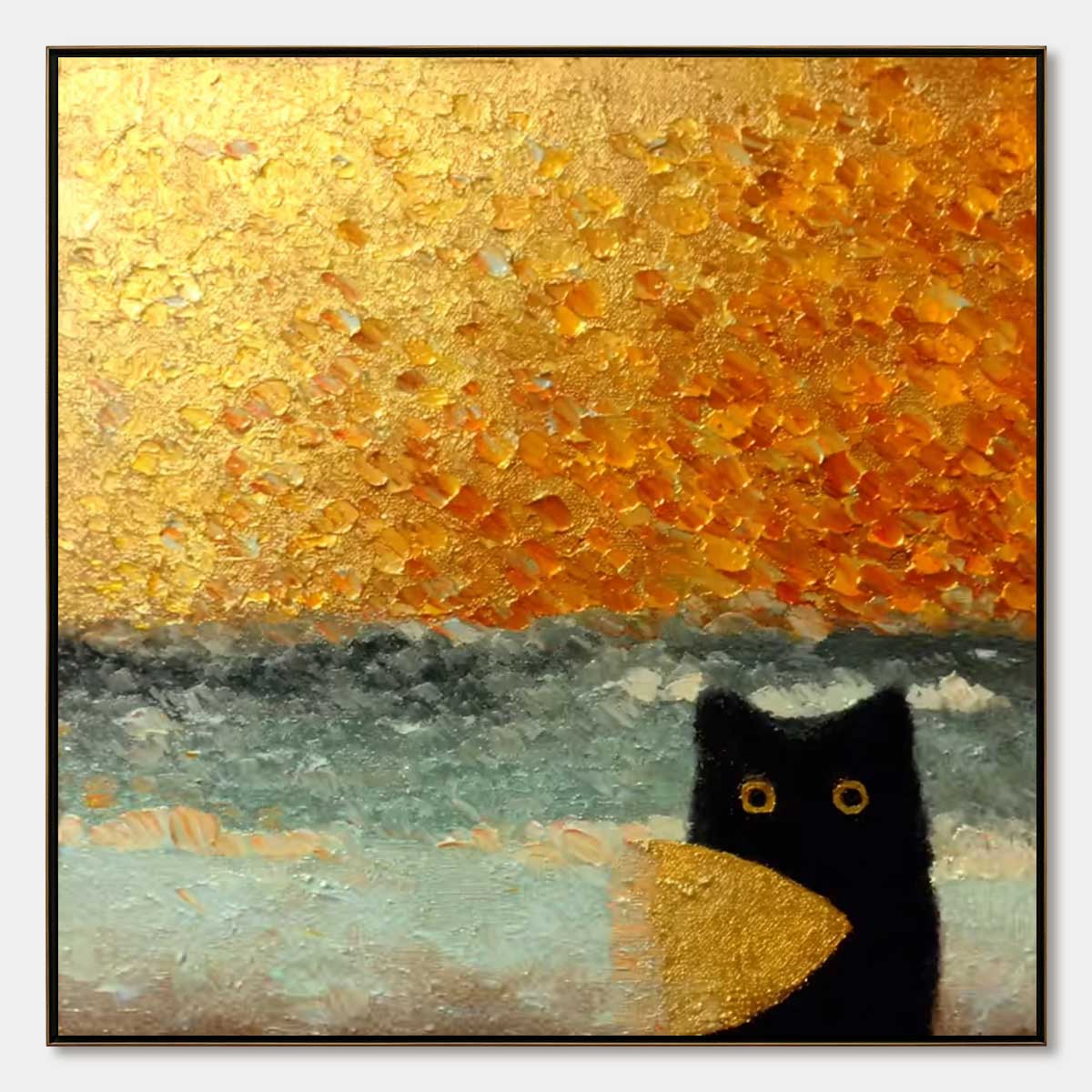 Golden Catch – Wabi-Sabi Cat Impasto Oil Painting, view 1