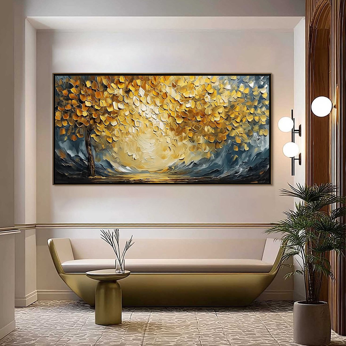 Golden Embrace hand-painted gold and ivory textured tree painting shown as stretched canvas