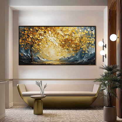 Golden Embrace hand-painted gold and ivory textured tree painting shown as stretched canvas