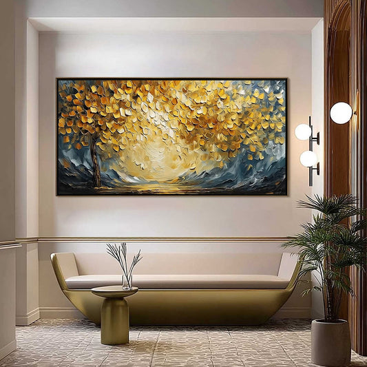 Golden Embrace hand-painted gold and ivory textured tree painting shown as stretched canvas