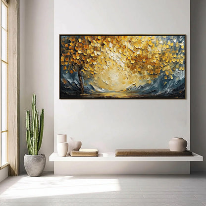 Golden Embrace hand-painted gold and ivory textured tree painting shown with silver frame