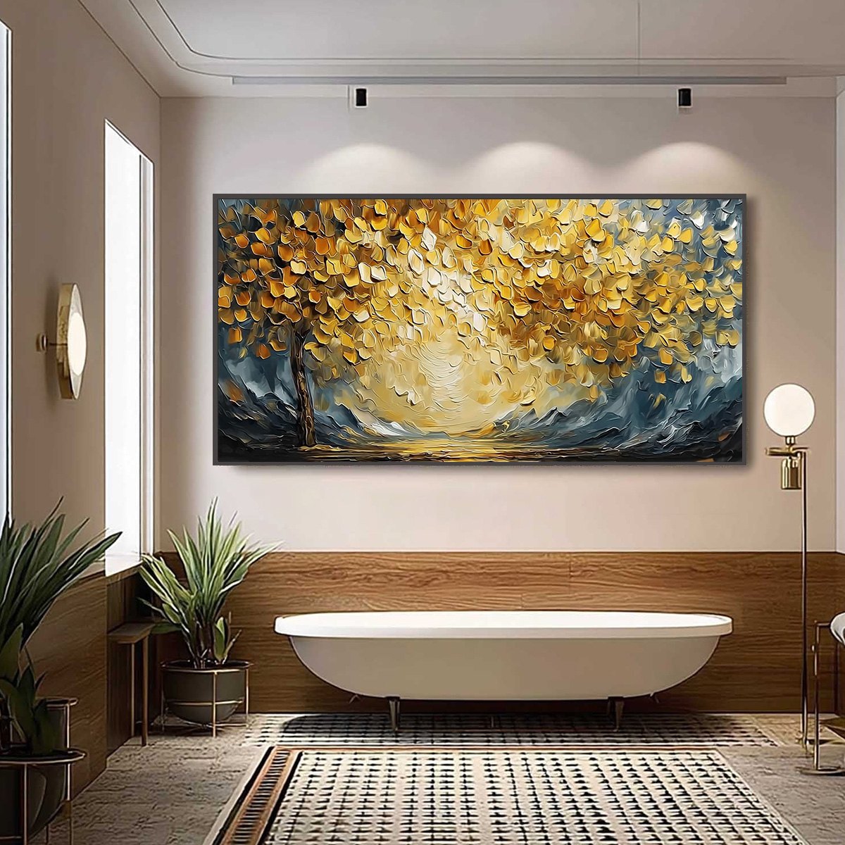 Golden Embrace hand-painted gold and ivory textured tree painting shown with black frame