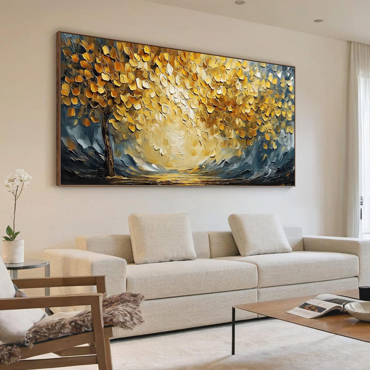Golden Embrace hand-painted gold and ivory textured tree painting shown with wood frame