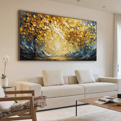 Golden Embrace hand-painted gold and ivory textured tree painting shown with wood frame