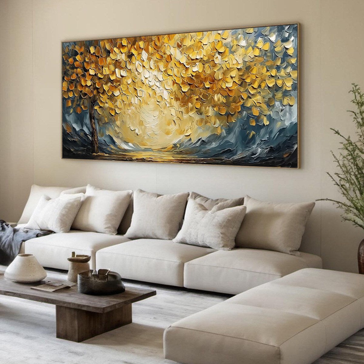 Golden Embrace hand-painted gold and ivory textured tree painting rolled canvas option
