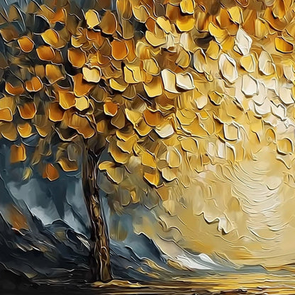 Golden Embrace hand-painted gold and ivory textured tree painting shown with gold frame