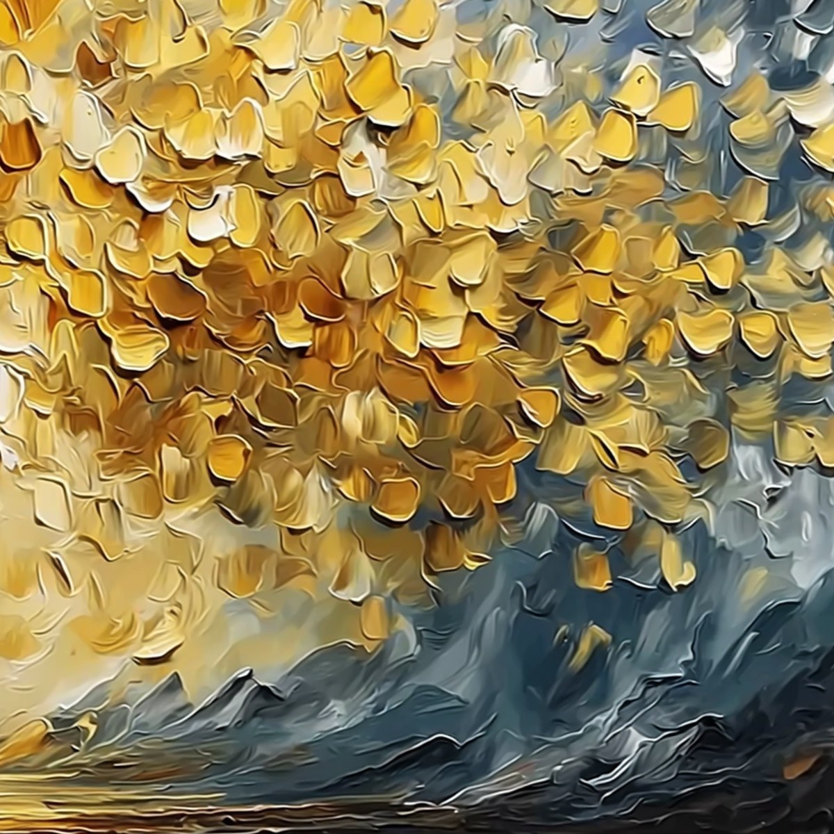 Golden Embrace hand-painted gold and ivory textured tree painting shown with white frame